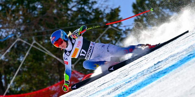 Mikaela Shiffrin of Team United States competes during the FIS Alpine Ski World Cup Women's Super G on January 23, 2022 in Cortina d'Ampezzo Italy.