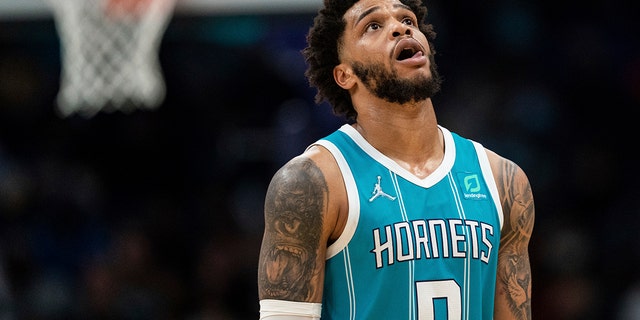 Charlotte Hornets forward Miles Bridges reacts after being called for a technical foul during the second half of a game against the Los Angeles Lakers in Charlotte, N.C., Jan. 28, 2022. 