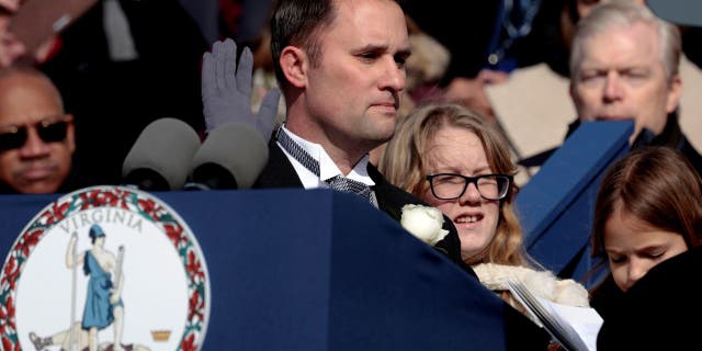 Jason Miyares is sworn in as the 48th Attorney General during the Inauguration for Governor-elect Glenn Youngkin on the steps of the Virginia State Capitol on January 15, 2022 in Richmond, Virginia. Miyares is the first Hispanic and Cuban American to be elected Attorney General of Virginia.
