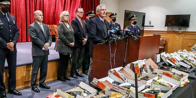 Nassau County Executive Bruce Blakeman announced more than 100 guns seized from Long Island streets, about a third which were from people released under cashless bail. 