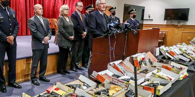 Nassau County Executive Bruce Blakeman announced more than 100 guns seized from Long Island streets, about a third which were from people released under cashless bail. 