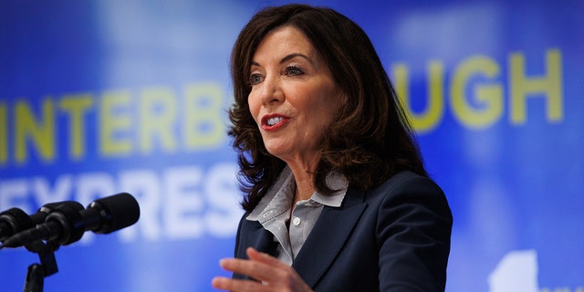New York Gov. Kathy Hochul speaks during a news conference at the Brooklyn Army Terminal Annex in the Brooklyn borough of New York Jan. 20, 2022. 