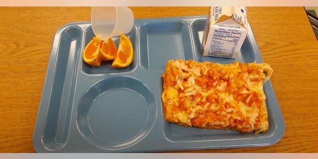 Seen in this image provided by father Chris Vangellow of Hopkinton, New York, is a plate containing milk, pizza and three orange slices – a free lunch one of his children has been served at school under USDA guidelines.