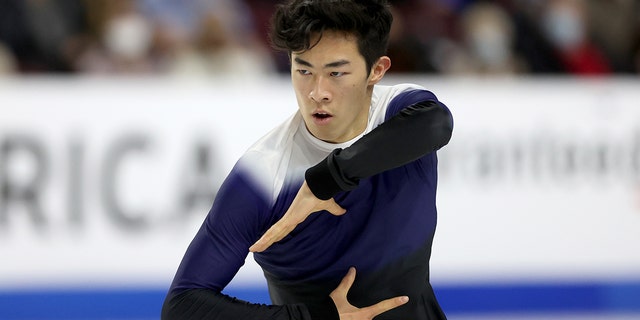 Nathan Chen of the United States skates in the Men's Free Skate during the ISU Grand Prix of Figure Skating - Skate America at   Orleans Arena on October 23, 2021 in Las Vegas, Nevada.