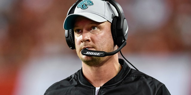 Jacksonville Jaguars offensive coordinator Nathaniel Hackett during the first half of an NFL preseason game between the Detroit Lions and the Tampa Bay Buccaneers on Aug. 30, 2018, at Raymond James Stadium in Tampa, Florida.
