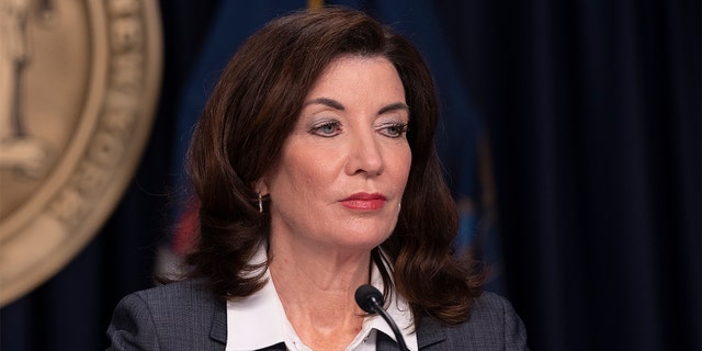 New York Gov.  Kathy Hochul holds a COVID-19 briefing at the governor's office in New York in 2021. 