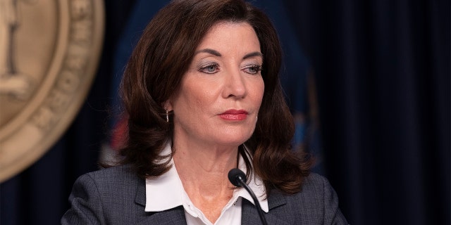 New York Gov. Kathy Hochul holds a COVID-19 briefing at the governor's office in New York in 2021. (Photo by Lev Radin/Pacific Press/LightRocket via Getty Images)