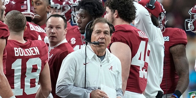 Alabama head coach Nick Saban looks on during the second half of the College Football Playoff Championship soccer game against Georgia on Monday January 10, 2022 in Indianapolis.
