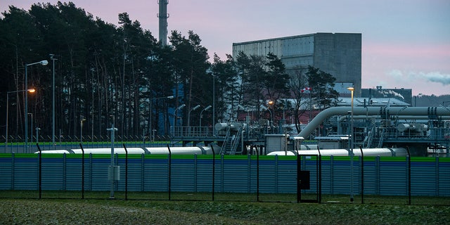 Pipe systems and shut-off devices at the gas receiving station of the Nord Stream 2 Baltic Sea pipeline. 