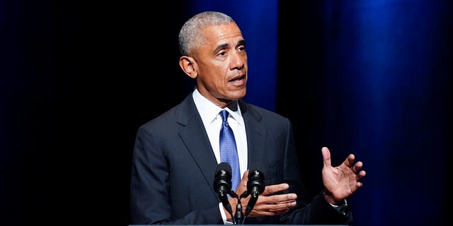 Former President Barack Obama speaks during a memorial service for former Senate Majority Leader Harry Reid at the Smith Center in Las Vegas, Saturday, Jan. 8, 2022. 