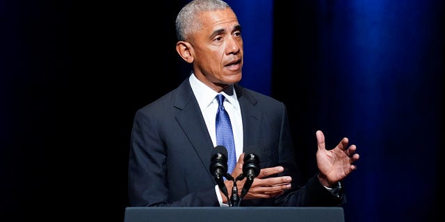 Former President Barack Obama speaks during a memorial service for former Senate Majority Leader Harry Reid at the Smith Center in Las Vegas, Jan. 8, 2022.