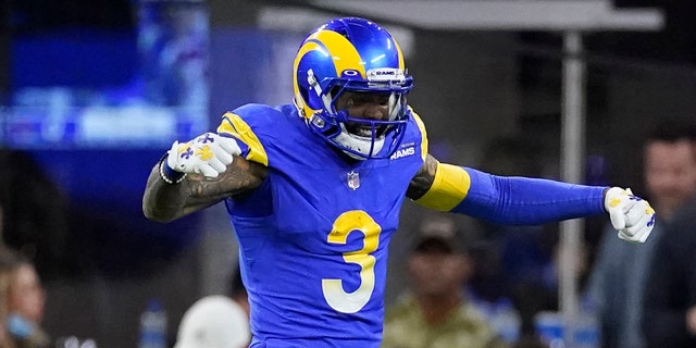 Los Angeles Rams wide receiver Odell Beckham Jr. celebrates against the Arizona Cardinals during the first half of a wild-card playoff game in Inglewood, Calif., Jan. 17, 2022.