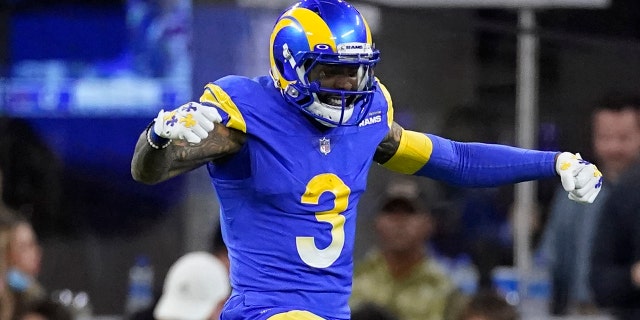 Los Angeles Rams wide receiver Odell Beckham Jr. celebrates against the Arizona Cardinals during the first half of a wild-card playoff game in Inglewood, California, Jan. 17, 2022.