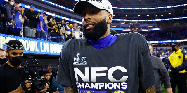 Odell Beckham Jr. #3 of the Los Angeles Rams reacts after defeating the San Francisco 49ers in the NFC Championship Game at SoFi Stadium on January 30, 2022 in Inglewood, California. The Rams defeated the 49ers 20-17.