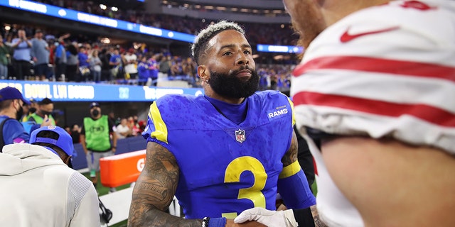 Odell Beckham Jr. of the Los Angeles Rams reacts after defeating the San Francisco 49ers in the NFC championship at SoFi Stadium Jan. 30, 2022, in Inglewood, Calif.