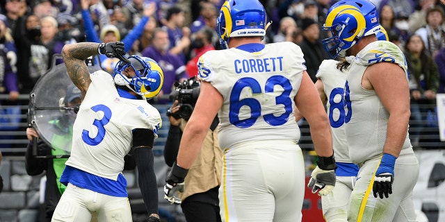 Los Angeles Rams wide receiver Odell Beckham Jr. celebrates after scoring a touchdown against the Ravens, Sunday, Jan. 2, 2022, in Baltimore.