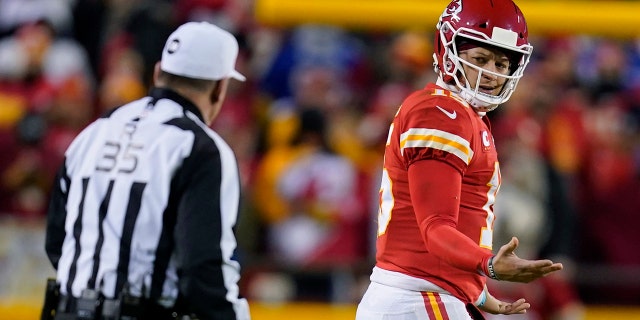Kansas City Chiefs quarterback Patrick Mahomes (15) questions a call during the second half of an NFL divisional round playoff football game against the Buffalo Bills, Sunday, Jan. 23, 2022, in Kansas City, Mo.