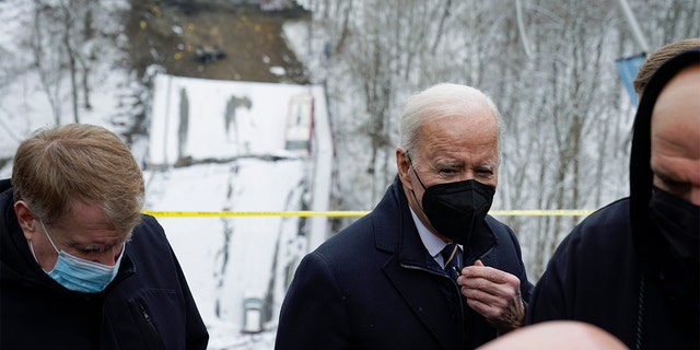President Biden visits the site where the Fern Hollow Bridge collapsed Friday, Jan. 28, 2022, in Pittsburgh's East End.