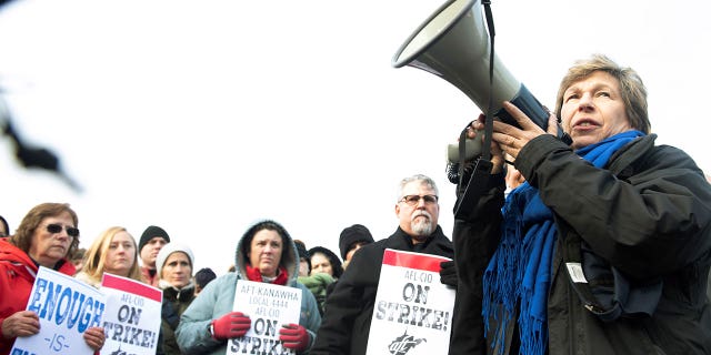 Randi Weingarten, president of the American Federation of Teachers, speaks before a crowd of striking educators at Capital High School in Charleston, West Virginia, U.S., February, 19 2019. REUTERS/Lexi Browning