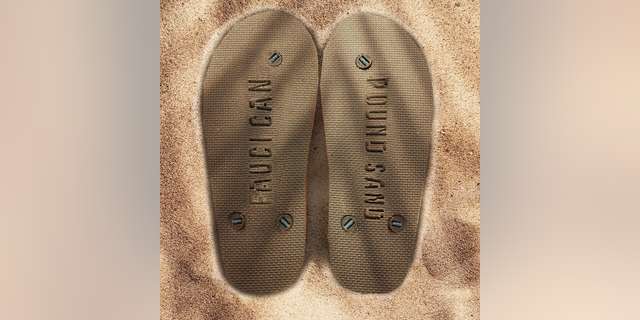 The soles of the DeSantis campaign's flip-flops urge Dr. Anthony Fauci to "pound sand." (Courtesy of DeSantis campaign)