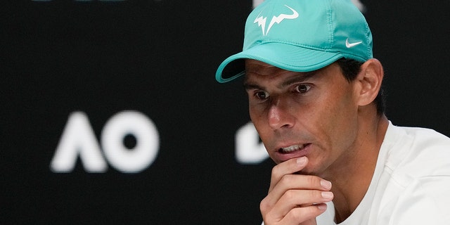 Spain's Rafael Nadal gestures during a press conference ahead of the Australian Open tennis championships in Melbourne, Australia, Saturday, Jan. 15, 2022.
