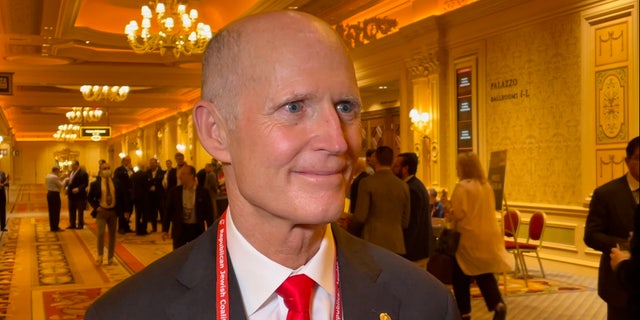 GOP Sen. Rick Scott of Florida speaks with Fox News while attending the Republican Jewish Coalition's annual conference in Las Vegas, Nevada, on Nov. 5, 2021