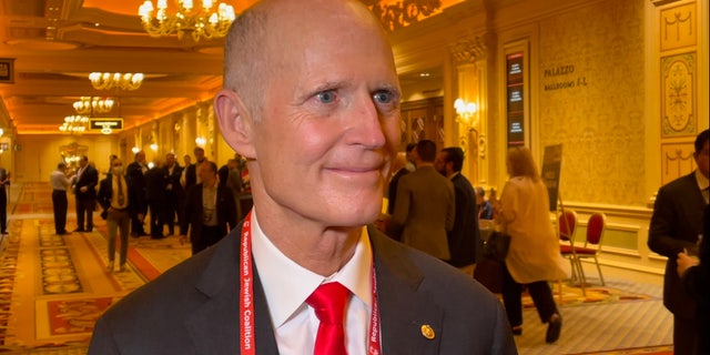 GOP Sen. Rick Scott of Florida speaks with Fox News while attending the Republican Jewish Coalition's annual conference in Las Vegas, Nevada, on Nov. 5, 2021