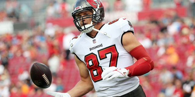 Rob Gronkowski of the Tampa Bay Buccaneers warms up prior to a game against the Carolina Panthers at Raymond James Stadium on Jan. 9, 2022. in Tampa, Florida.