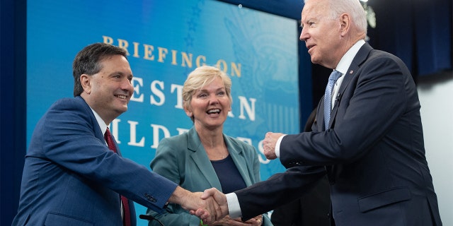 President Biden arrives for a briefing with chief of staff Ron Klain and Energy Secretary Jennifer Granholm in the Eisenhower Executive Office Building in Washington, June 30, 2021.