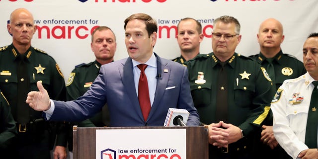 Sen. Marco Rubio (R-Florida) lands the endorsement of sheriffs from 55 of Florida's 67 counties, at a campaign event in Jacksonville, Florida on Jan. 23, 2022