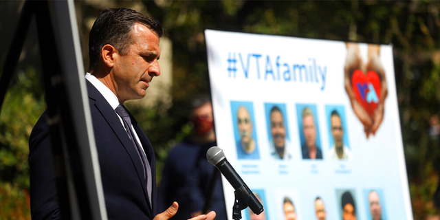 San Jose Mayor Sam Liccardo speaks during a news conference honoring nine people killed by a coworker in San Jose, California.