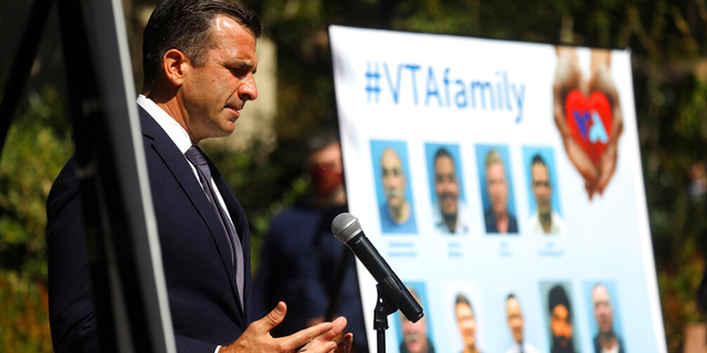 San Jose Mayor Sam Liccardo speaks during a news conference honoring nine people killed by a coworker in San Jose, California.