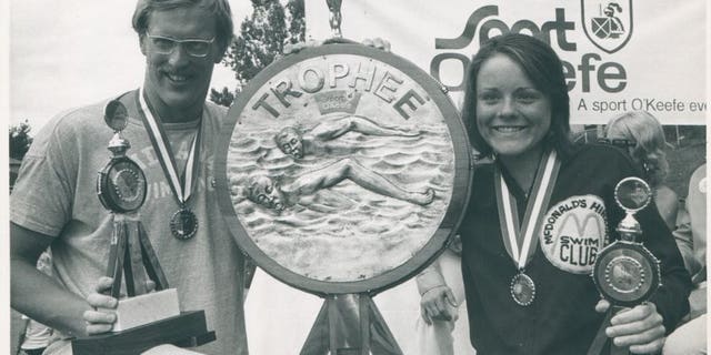 John Kinsella and Sandra Bucha after coming in first in the La Tuque 24 hour race across Lac St. Jean in Canada in 1974.