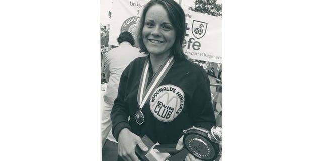 Sandra Bucha after winning in the marathon swim competition across Lac St. Jean in Canada in the La Tuque 24 hour race in Canada in 1974.