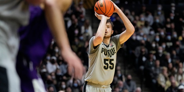 Purdue guard Sasha Stefanovic (55) shoots while playing Northwestern in the second half of an NCAA college basketball game in West Lafayette, Ind., Sunday, Jan. 23, 2022. Purdue won 80-60.