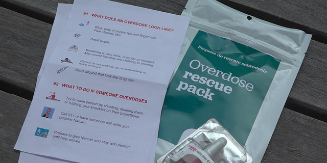 Each overdose rescue pack includes Narcan nasal spray with instructions on how to use it. 