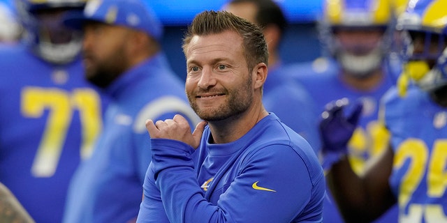 Los Angeles Rams head coach Sean McVay watches warm ups before the NFC Championship NFL football game against the San Francisco 49ers Sunday, Jan. 30, 2022, in Inglewood, Calif.