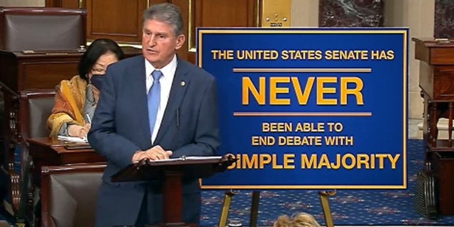 Sen. Joe Manchin, D-W.Va., defends the Senate's 60-vote filibuster in a floor speech on Jan. 19, 2022. 