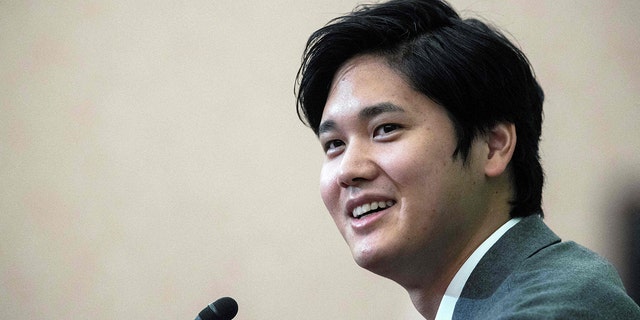 Major League Baseball All-Star Shohei Ohtani of Japan, who plays for the Los Angeles Angels, attends a press conference in Tokyo on Nov. 15, 2021.