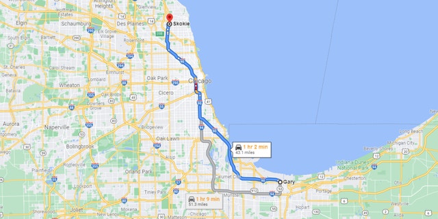 Skokie, Illinois, to Gary, Indiana (Google Maps)