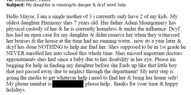 Crystal Sorey sent an email to Manchester Mayor Joyce Craig on Dec. 29 pleading for help in the case.