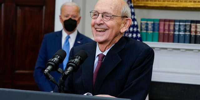 Supreme Court Associate Justice Stephen Breyer announces his retirement in the Roosevelt Room of the White House in Washington, Thursday, Jan. 27, 2022. President Biden looks on. 