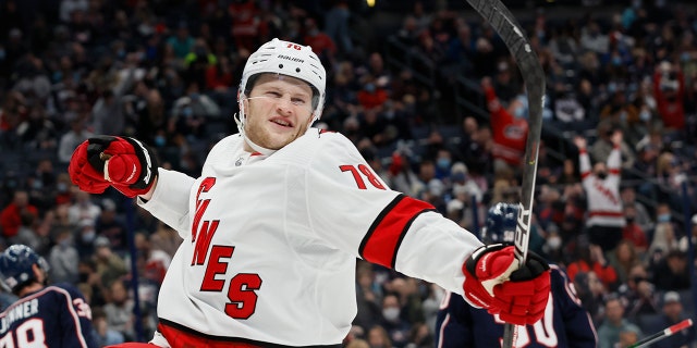 Carolina Hurricanes' Steven Lorentz celebrates his goal against the Columbus Blue Jackets' during the third period of an NHL hockey game Saturday, Jan. 1, 2022, in Columbus, Ohio.