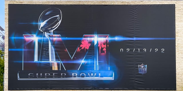 General view of a billboard near Hollywood & amp; Vine featuring the Vince Lombardi Trophy, promoting Super Bowl 56 (Super Bowl LVI) to be held at the SoFi Stadium in Los Angeles on Jan. 18, 2022.