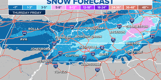 Snow forecast over Tennessee, Mississippi and Alabama