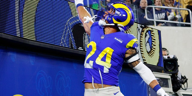 Taylor Rapp of the Los Angeles Rams celebrates after an interception against the Seattle Seahawks at SoFi Stadium on Dec. 21, 2021, in Inglewood, California.