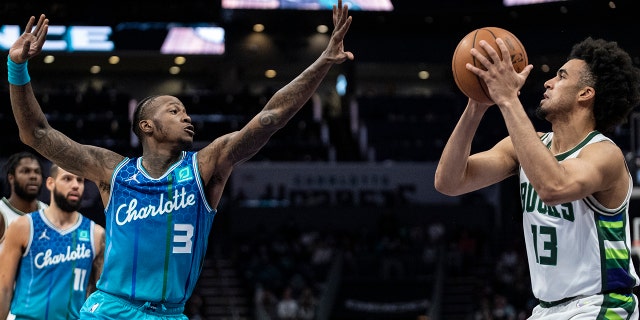 Charlotte Hornets guard Terry Rozier (3) defends Milwaukee Bucks forward Jordan Nwora (13) during the first half of an NBA basketball game, Saturday, Jan. 8, 2022, in Charlotte, N.C.