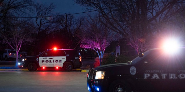 COLLEYVILLE, TX - JANUARY 15: Police cars remain parked at Good Shepherd Catholic Community church on January 15, 2022 in Colleyville, Texas. Police responded to the situation after reports of a man with a gun was holding hostages at the synagogue. (Photo by Emil Lippe/Getty Images)