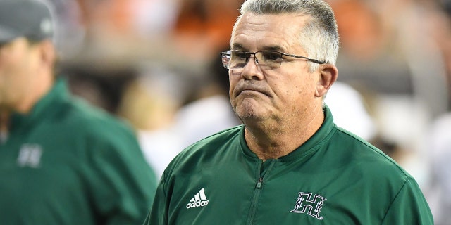 Hawaii Rainbow Warriors head coach Todd Graham walks off the field during a college football game between the Hawaii Rainbow Warriors and the Oregon State Beavers on September 11, 2021 at Reser Stadium in Corvallis, Oregon.
