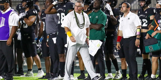 Head coach Todd Graham of the Hawaii Rainbow Warriors walks the sideline during the second half of a game against the Fresno State Bulldogs at the Clarance T.C. Ching Complex Oct. 2, 2021, in Honolulu.
